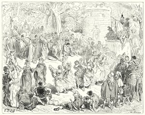Don Quichot van Gustave Doré: "Ze werden geleid door een eerbiedwaardige oude man en een moederlijke vrouw" door Gustave Dore