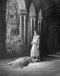 Hij stopte: de koningin sleepte zich enigszins naar hem toe, ze legde haar handen om de voeten van haar man (Junièvre en Koning Arthur) - in "Juniper" door Alfred Tennyson, ill. door Gustave Doré Parijs, Librairie Hachette et Cie
