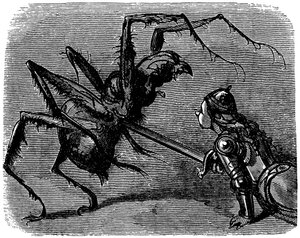 Illustratie door Gustave Doré (1832-1883) voor het boek van Ernest Lepine "De legende van Croquemitaine" (1863) - Voor deze afbeelding van vechten met het zwaard tegen een gigantische spin, kan men niet anders dan denken aan de strijd van Frodo en Shelob i door Gustave Dore