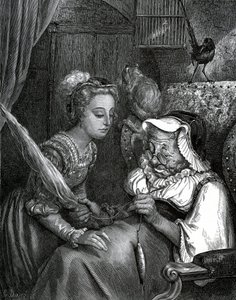 Illustratie door Gustave Doré voor een verhaal van Charles Perrault: Doornroosje. De prinses gaat zichzelf steken aan de distel van een oude vrouw die wegloopt in het spinnewiel. door Gustave Dore