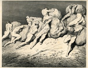 In de vierde cirkel van de Hel, waar Pluto (Hades) heerst, dragen en rollen de Gierigen en de Verkwisters zware lasten (stenen), botsend van woede. Gravure uit De Hel door Dante Alighieri (de Goddelijke Komedie) geïllustreerd door Gustave Doré. Franse e door Gustave Dore