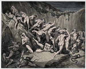 Inferno, Canto 24: De dieven gekweld door slangen, illustratie uit "De Goddelijke Komedie" door Dante Alighieri, 1885