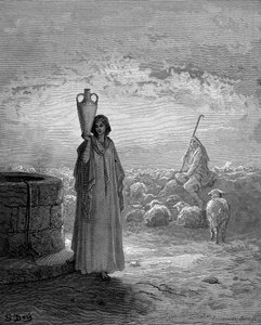 Jacob, die de kudden van Laban hoedt, ziet Rachel bij de bron, 1866 door Gustave Dore