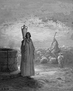 Jakob, die de kudden van Laban hoedt, ziet Rachel bij de bron. Genesis 29. Uit de geïllustreerde Bijbel van Gustave Doré 1866. Houtsnede door Gustave Dore