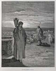 Jacob ziet Rachel bij de bron van Labans huis, Illustratie uit de Dore Bijbel door Gustave Dore