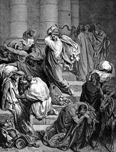 Jezus Christus verjaagt de kooplieden uit de tempel. Illustratie van Gustave Doré