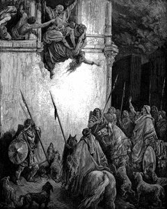 Izebel, Fenicische prinses en vrouw van koning Achab van Israël, wordt uit het raam gegooid op bevel van Jehu, en haar lichaam wordt door honden opgegeten. 2 Koningen 9:33. Uit de geïllustreerde Bijbel van Gustave Doré 1866 Houtsnede