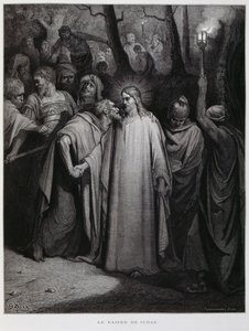 Judas verraadt Jezus met een kus; Illustratie uit de Dore Bijbel door Gustave Dore