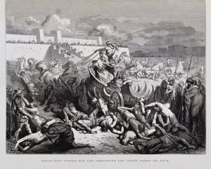 Koning David straft de Ammonieten, illustratie uit de Dore Bijbel door Gustave Dore
