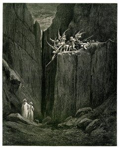 De hel (La divina commedia) door Dante Alighieri geïllustreerd door Gustave Doré. Franse vertaling door Pier-Angelo Fiorentino. Dante en Virgilius tegenover de demonen
