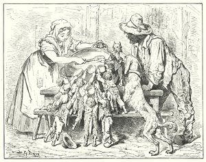 Le Petit Poucet; Klein Duimpje (gravure) door Gustave Dore