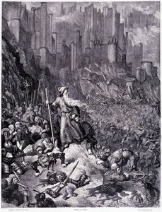 Les battailles, plaat IX - Illustratie door Gustave Doré (1832-1883), voor La legende du Jeif wandering door Pierre Dupont, editie Librairie du magasin pittoresque, Parijs 1862 door Gustave Dore