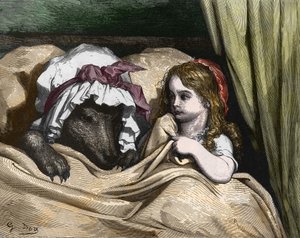 Roodkapje en Wolf niet zoals Grootmoeder. Illustratie door Gustave Doré door Gustave Dore