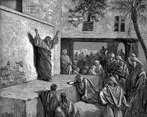 Micha de Moreshtietische profeet vertelt de Israëlieten: Want zie, de Heer komt voort ... en zal neerdalen en treden op de hoogten der aarde. Bijbel Micha 1:3. Illustratie door Gustave Doré 1865-1856. Houtsnede