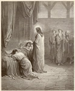 Wonder: Jezus Christus genas de dochter van Jaire (Jairus of Jairos). Gravure uit de Bijbel geïllustreerd door Gustave Dore (1832-1883) door Gustave Dore