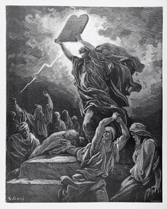 Mozes breekt de tafelen van de wet, gegraveerd door Hotelin, ca. 1868 door Gustave Dore