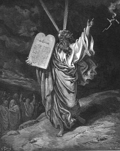 Mozes daalt af van de berg Sinaï met de stenen tafelen (Tien Geboden). Exodus 5.35. Illustratie door Gustave Doré voor De Bijbel (Londen 1866). Houtsnede.