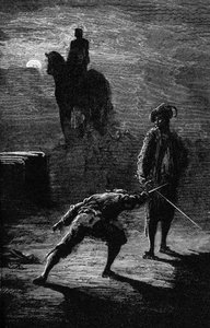 Nachtduel in het maanlicht tussen Baron de Sigognac en Jacquemin Lampourde, onder het ruiterstandbeeld van de Bronzen Koning. Gravure door Gustave Doré ter illustratie van Théophile Gautier