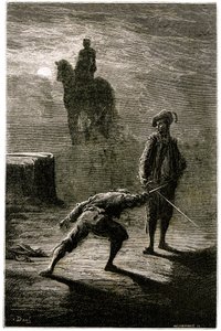 Nachtduel in het maanlicht tussen Baron de Sigognac en Jacquemin Lampourde, onder het ruiterstandbeeld van de Bronzen Koning. Gravure door Gustave Doré ter illustratie van Théophile Gautier