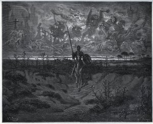 Op deze reis sprak onze gloednieuwe avonturier tot zichzelf - uit "Don Quichot van La Mancha" van Miguel Cervantes door Gustave Dore
