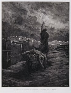 Verontwaardiging in Gibea, de Leviet draagt zijn dode bijvrouw weg, Illustratie uit de Dore Bijbel door Gustave Dore