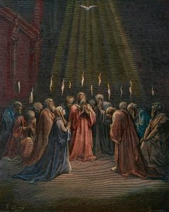 Pinksteren - Pinksteren (komst van de Heilige Geest) - Pinksteren, de nederdaling van de Heilige Geest, gravure door Gustave Dore - later ingekleurd door Gustave Dore