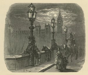 Mensen en koetsen op Westminster Bridge door Gustave Dore