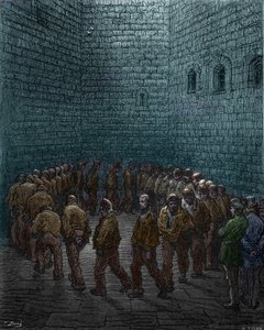 Gevangenen die de ronde doen op de binnenplaats van de Westgate-gevangenis in Londen, door Gustave Dore