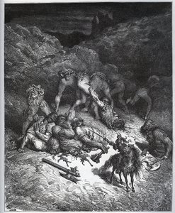 Verhaal van de heldendaden van Felix-Mars van Hyrcania - uit "Don Quichot de la Mancha" door Miguel Cervantes (1547-1616) - Houtsnede naar tekening van Gustave Dore