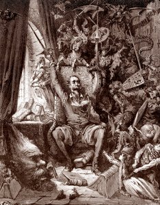 Voorstelling van Don Quichot in zijn bibliotheek omringd door de wezens uit zijn boeken, gravure door Gustave Doré (1832-1883) voor L