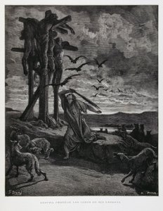 Rizpa voorkomt dat wilde dieren de lichamen van haar dode zonen ontheiligen, Illustratie uit de Dore Bijbel door Gustave Dore