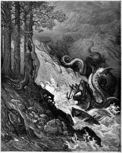 Ruggiero vecht tegen het zeemonster (draak) dat Olimpia bedreigt, bindt zijn kaken vast met een anker en redt Olimpia (canto 11 stanza 37) - Gravure door Gustave Doré ter illustratie van 