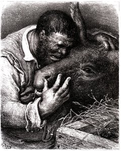 Sancho Panza huilt terwijl hij zijn ezel kust