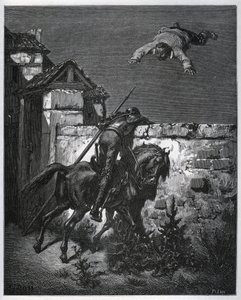 Sancho Panza wordt voor de gek gehouden, en Don Quichot kan niet ingrijpen - uit 