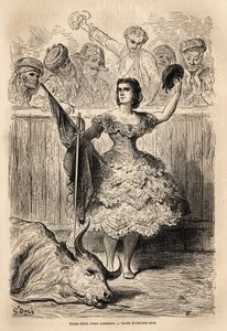 Scène van stierenvechten: de triomf van Teresa Bolsi, Andalusische torrera, groet de vergadering die hem toejuicht in Sevilla. Schets gemaakt door Gustave Doré. Gravure ter illustratie van de reis in Spanje, in 1862 door Charles Davillier door Gustave Dore