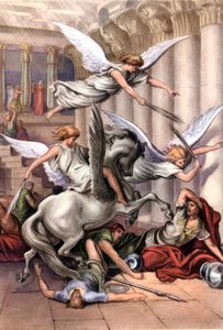 Set van bijbelse educatieve ansichtkaarten uit de jaren 50, gemaakt naar de schone kunsten: hier naar "Heliodorus verdreven uit de tempel" door Gustave Doré