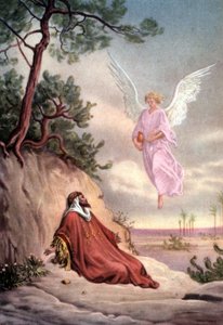 Set van bijbelse educatieve ansichtkaarten in de jaren 50, gemaakt naar Schone Kunsten: hier na "Elia gered door een engel" door Gustave Dore door Gustave Dore