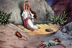 Set van bijbelse educatieve ansichtkaarten uit de jaren 50, gemaakt naar Schone Kunsten: hier na "Hagar en Ismael in de woestijn" door Gustave Doré