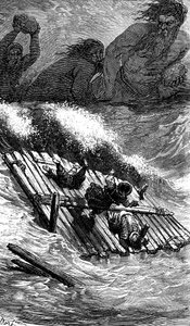 Sindbad de zeeman - verhaal van de duizend en één (1001) nachten - illustratie door Gustave Doré - Maxwell editie 1865 - Derde reis: Sindbad en zijn metgezellen, die aan boord van een vlot de zee op gingen, worden achtervolgd door reuzen die enorme stenen 