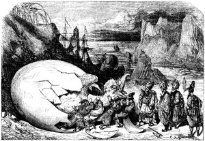Sindbad de zeeman - verhaal van duizend-en-één-nachten - illustratie door Gustave Doré - Maxwell editie 1865 - Vijfde reis: de kooplieden die Sindbad vergezellen breken de schaal van een gigantisch ei van de vogelreus Roc om een enorme baby te extraheren door Gustave Dore