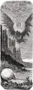 Sindbad de zeeman - verhaal van de duizend-en-een-nachten - illustratie door Gustave Doré - editie Maxwell 1865 - Tweede reis: Sindbad ontdekt een enorm ei van de gigantische vogel Roc en wordt aangevallen door deze gigantische vogel. door Gustave Dore