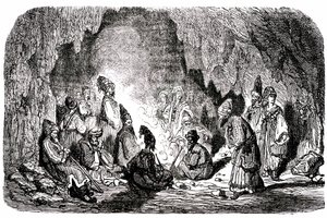 Sindbad de zeeman - verhaal van de duizend-en-een-nachten - illustratie door Gustave Doré - Maxwell editie 1865 - Eerste reis: Sindbad, verlaten in het midden van de zee door zijn metgezellen, bereikt een eiland en ontmoet in een grot de palefrenie. door Gustave Dore