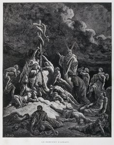 Dus maakte Mozes een bronzen slang en zette die op een paal. Numeri 21:7, Illustratie uit de Dore Bijbel door Gustave Dore