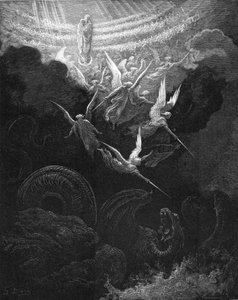 De aartsengel Michaël en zijn engelen vechten tegen de draak door Gustave Dore