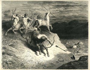 De Centauren schieten pijlen op verdoemden die uit de Styx-moerassen komen. Gravure uit De Hel door Dante Alighieri (de Goddelijke Komedie) geïllustreerd door Gustave Doré. Franse editie van 1861. Noi ci appressammo a quel trotse snelle. (We naderen deze
