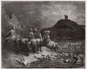 De Goddelijke Komedie (La Divina Commedia, La Divine Comedie), Inferno, Canto 12: Nessus en de centauren - door Dante Alighieri (1265-1321) - Illustratie door Gustave Doré (1832-1883) door Gustave Dore