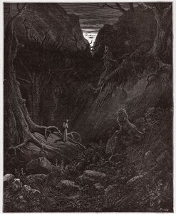 De Goddelijke Komedie (La Divina Commedia), Inferno, Canto 1: De leeuw confronteert Dante plotseling - door Dante Alighieri (1265-1321) - Illustratie door Gustave Doré (1832-1883)