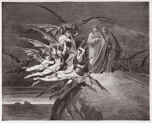 Inferno, Canto 21: De demonen bedreigen Virgil (Illustratie door Gustave Doré) door Gustave Dore