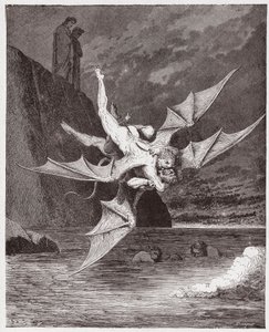 De Goddelijke Komedie, Inferno, Canto 22: Alichino en Calcabrina worstelen boven de pek - door Dante Alighieri (1265-1321) - Illustratie door Gustave Dore (1832-1883)