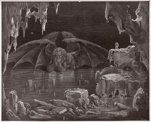 De Goddelijke Komedie (La Divina Commedia, La Divine Comedie), Inferno, Canto 34: Lucifer, koning van de hel, bevroren in het ijs - door Dante Alighieri (1265-1321) - Illustratie door Gustave Doré (1832-1883) door Gustave Dore